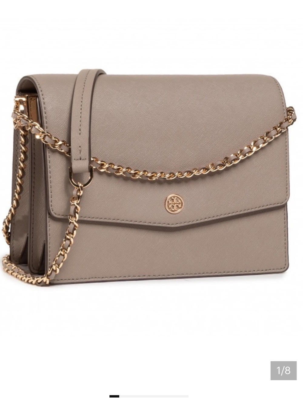 Tory Burch Taupe Saffiano Leather Crossbody with Gold Chain